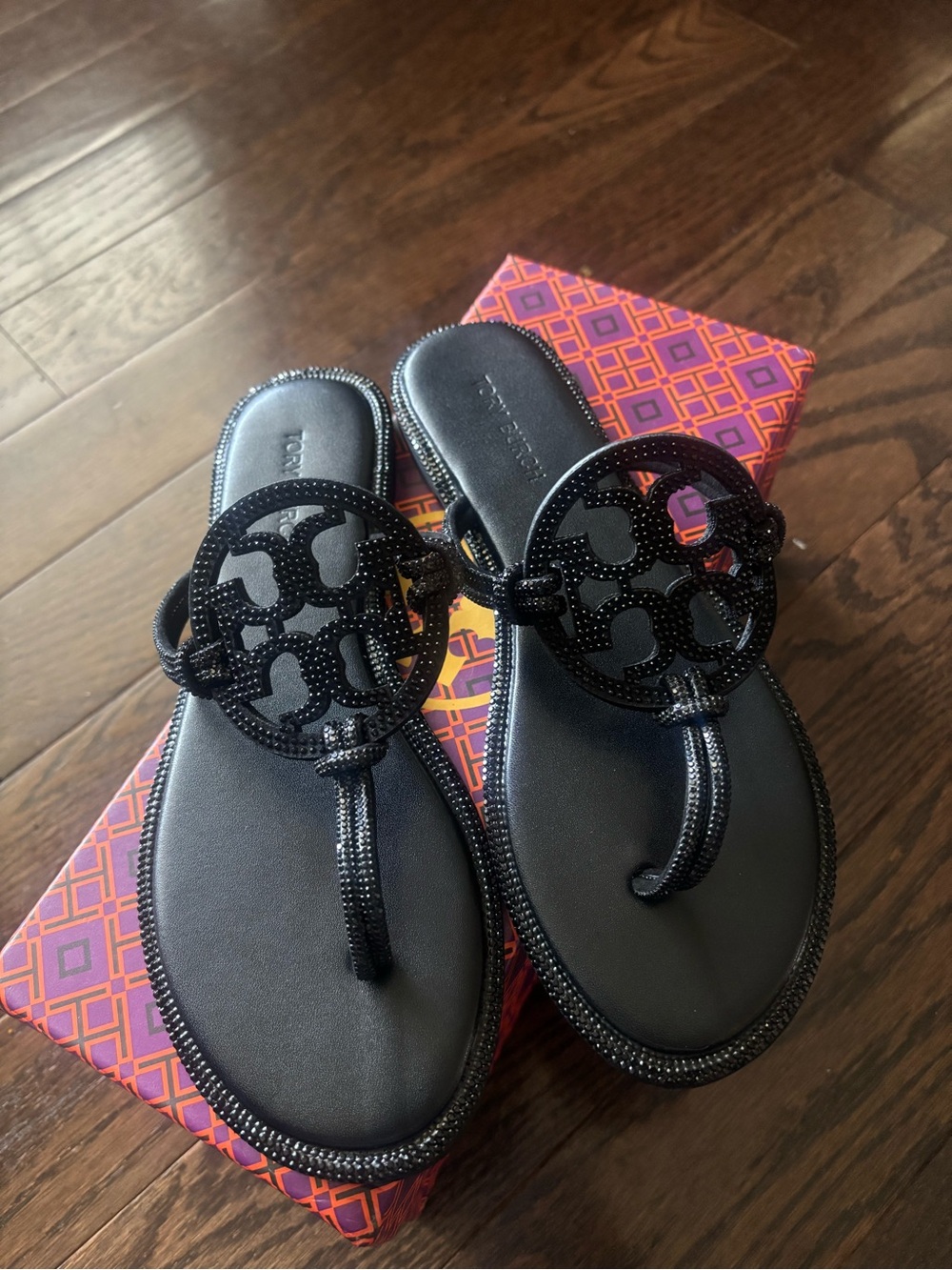 Tory Burch Black Embellished Miller Thong Sandals